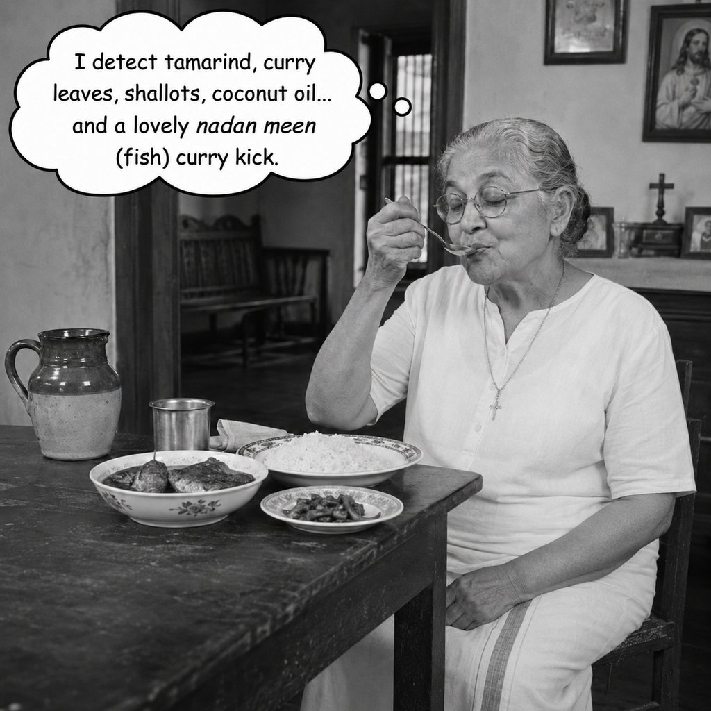 An illustration of a grandmother tasting fish curry, with a thought bubble naming the ingredients.
